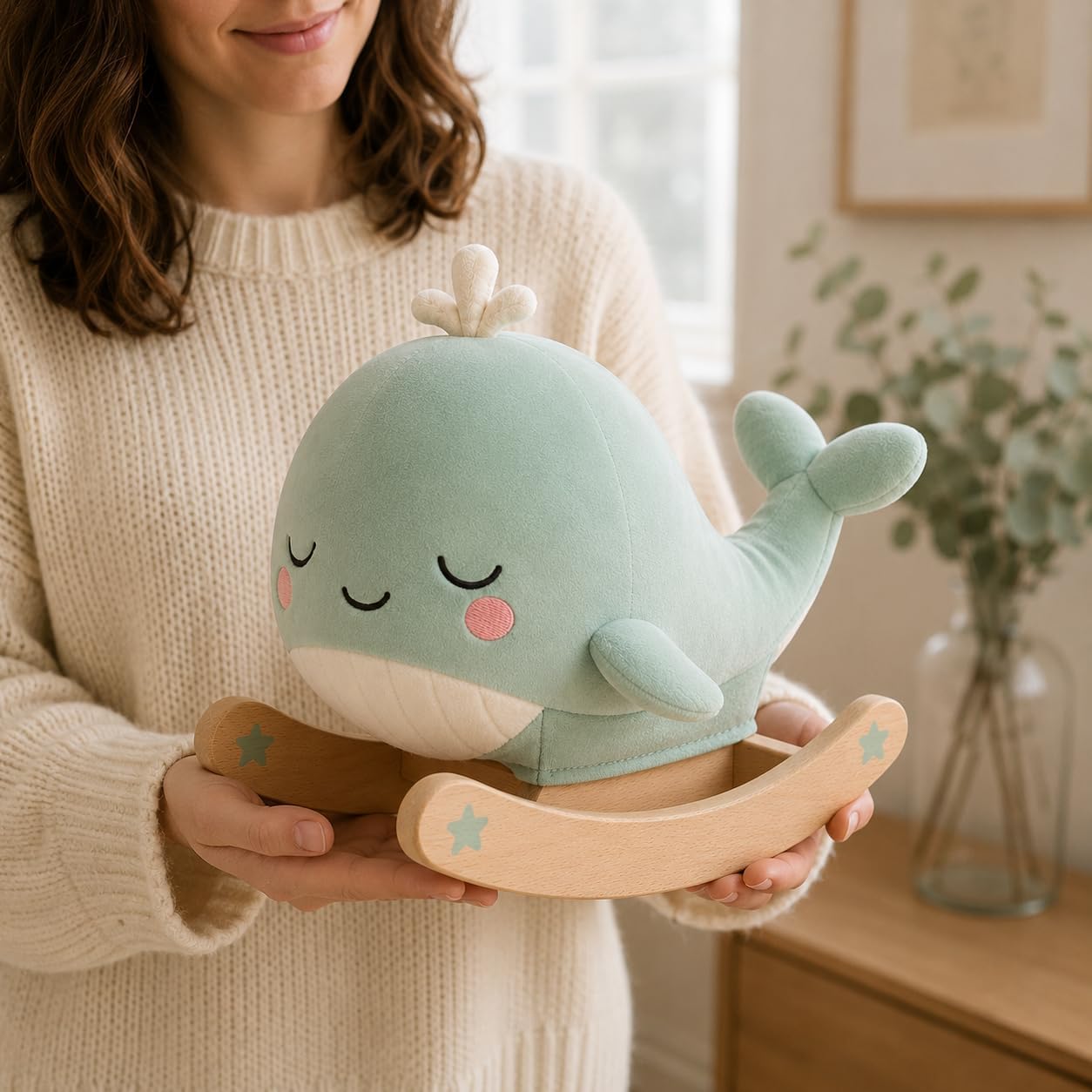 Juju Rocking Whale Soft Velour Rocker – Mint Cushioned Whale on Natural Beechwood Base with Painted Star Accents – Cozy Nursery Decor Accent – Embroidered Sleepy Face Design