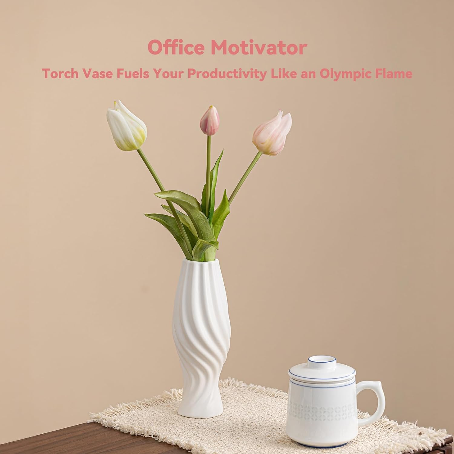 White Ceramic Torch Vase with Spiral Design - 8.8" Unique Flower Vase for Pampas Grass & Centerpieces, Decorative Boho/Farmhouse Vase for Living Room, Office Desk & Gift for Her/Yourself