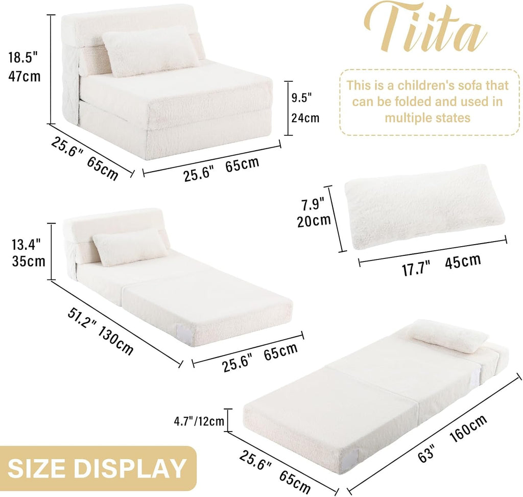 Tiita Convertible Folding Kids Sofa Bed with Pillow & Storage Bag, Plush Fabric Floor Mattress Couch Bed, Washable Cover, Kids Room, Playroom, Dorm, Apartment, Beige