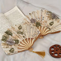 2Pcs Women's Vintage Floral Folding Fan, 11.02in Long, 9.05in Diameter, Handcrafted Chinese Style Fan With Tassel, Portable Decorative Fan,（Beige）