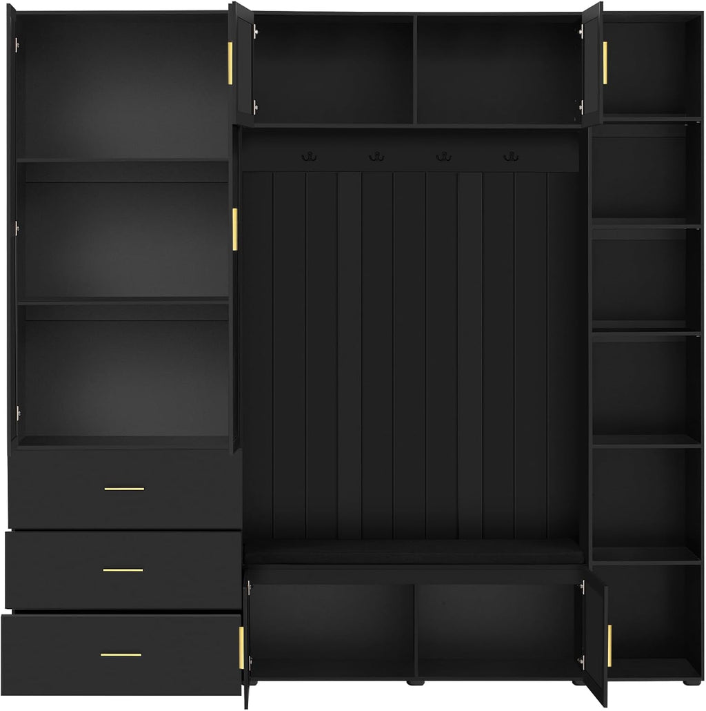 JIJIWANG Wide Hall Tree With Bench and Shoe Storage, 4-In-1 Entryway Bench with 4 Hooks, Storage Drawers and Adjustable Storage Shelves, Entryway Organizer for Mudroom, Hallway, Entrance, Black