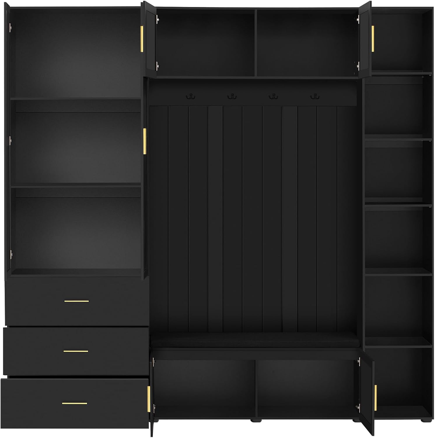 JIJIWANG Wide Hall Tree With Bench and Shoe Storage, 4-In-1 Entryway Bench with 4 Hooks, Storage Drawers and Adjustable Storage Shelves, Entryway Organizer for Mudroom, Hallway, Entrance, Black