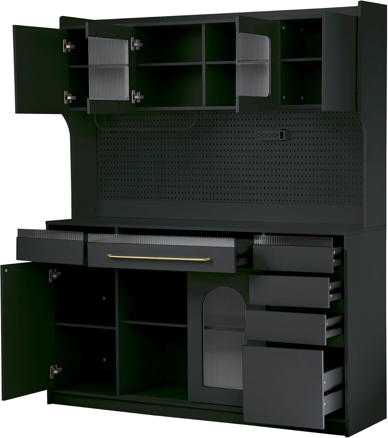 Large Pantry Cabinet with Hutch and Adjustable Shelves, Freestanding Coffee Bar Storage Cabinet with Drawers, Pegboard and Power Outlet for Kitchen, Dining Room (Black)