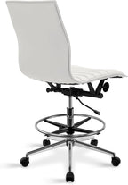 2xhome Modern Drafting Chair | Upholstered PU Leather Ribbed | Tall Adjustable Swivel Base with Leg Rest and Tilt Lock for Computer, Home, Executive, Conference (1, White, Armless)