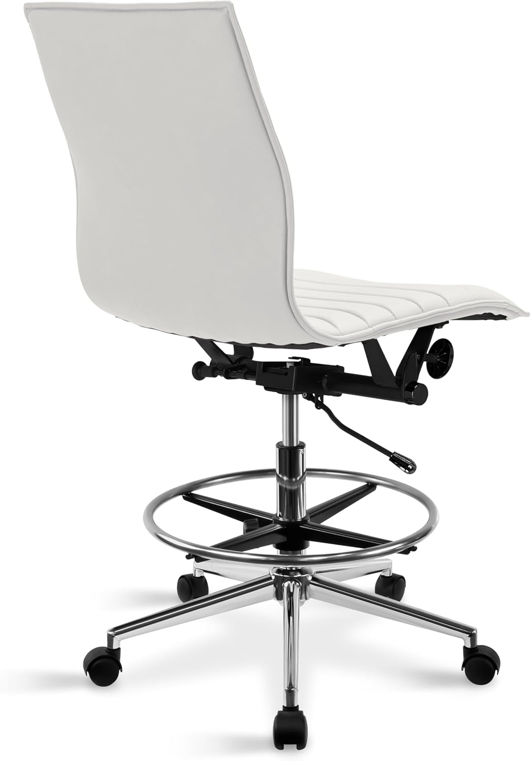 2xhome Modern Drafting Chair | Upholstered PU Leather Ribbed | Tall Adjustable Swivel Base with Leg Rest and Tilt Lock for Computer, Home, Executive, Conference (1, White, Armless)
