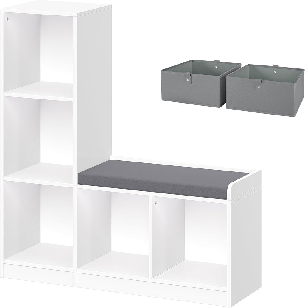 RiverRidge Kids Toy Storage Organizer Bench with 5 Cubby Spots, 2 Gray Fabric Bins & Cushioned Seat for Book Nook Playroom Storage