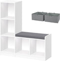 RiverRidge Kids Toy Storage Organizer Bench with 5 Cubby Spots, 2 Gray Fabric Bins & Cushioned Seat for Book Nook Playroom Storage