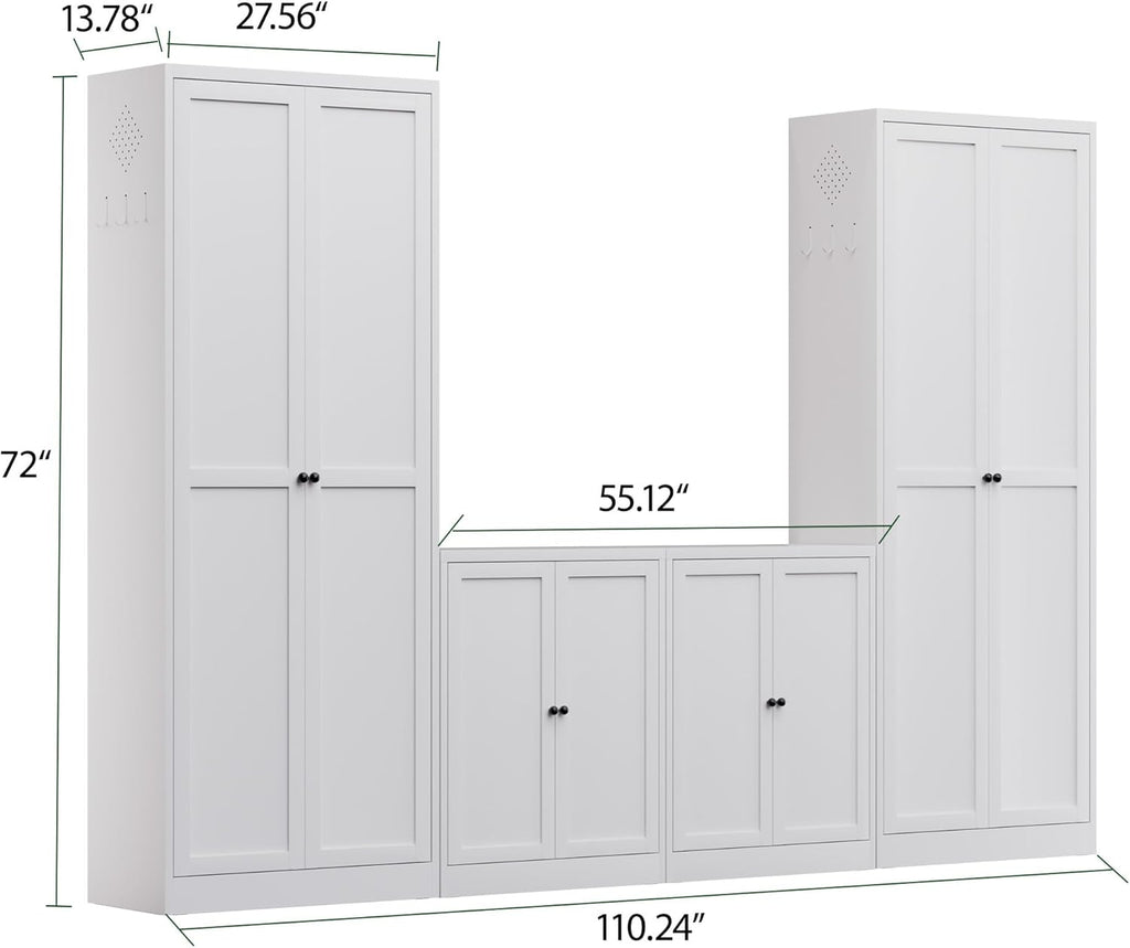 4-Piece Modern Metal Sideboard and Pantry Set,Built in Cabinets for Living Room Kitchen Cabinet Set, Adjustable Shelves, White