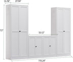 4-Piece Modern Metal Sideboard and Pantry Set,Built in Cabinets for Living Room Kitchen Cabinet Set, Adjustable Shelves, White
