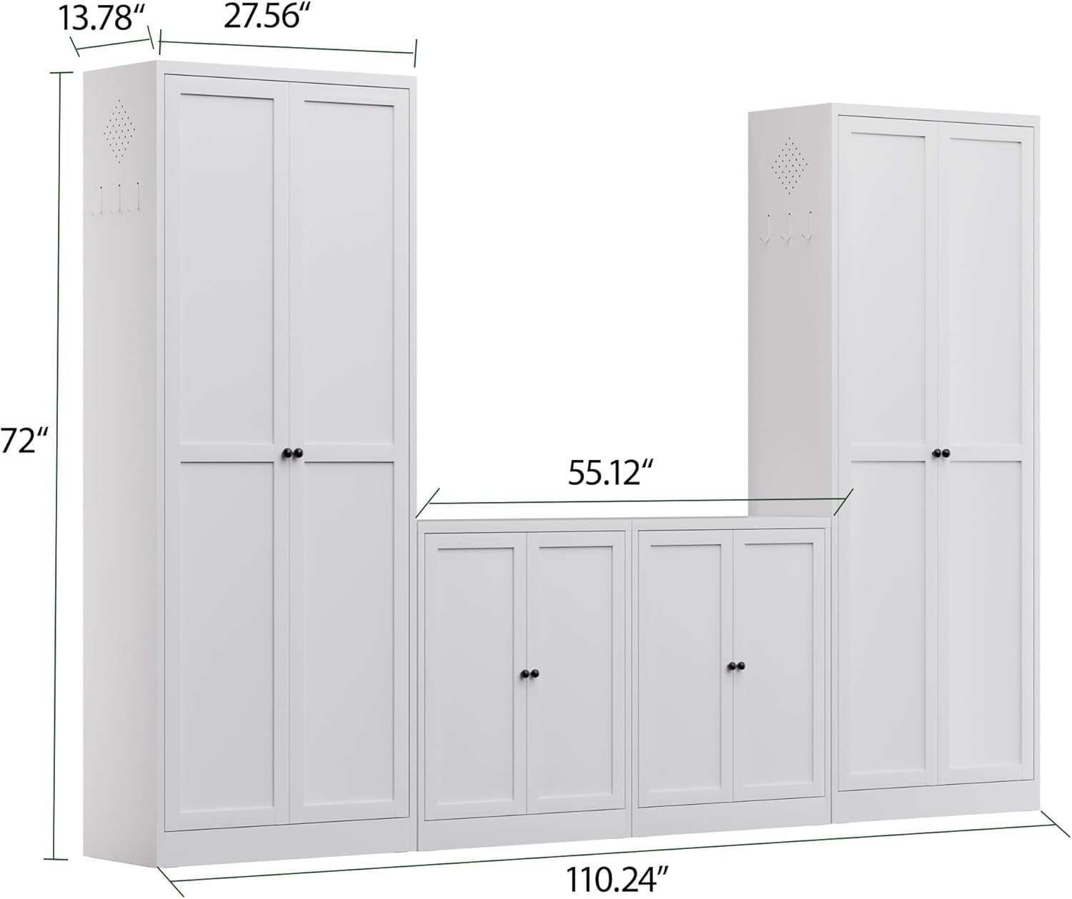 4-Piece Modern Metal Sideboard and Pantry Set,Built in Cabinets for Living Room Kitchen Cabinet Set, Adjustable Shelves, White