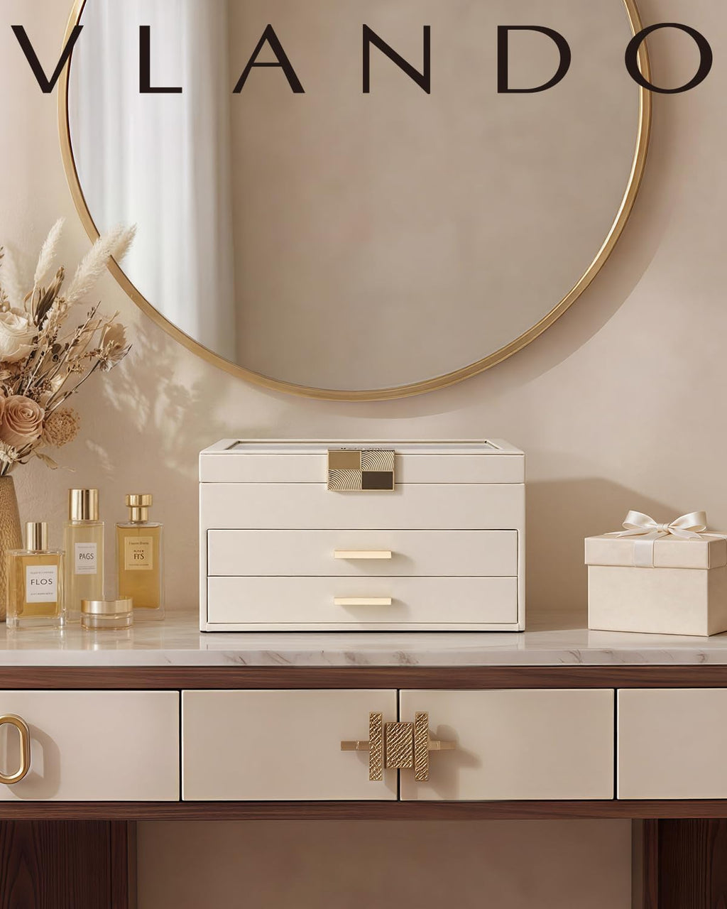 VLANDO Jewelry Box Organizer for Women, 3-Layer Jewelry Storage Case with Glass Lid, Gold Handle, 2 Drawers for Rings, Earrings, Necklaces and Bracelets - Cloud White