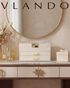 VLANDO Jewelry Box Organizer for Women, 3-Layer Jewelry Storage Case with Glass Lid, Gold Handle, 2 Drawers for Rings, Earrings, Necklaces and Bracelets - Cloud White