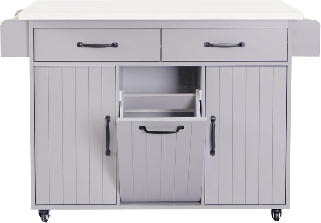 Ball & Cast Kitchen Island with Trash Can Storage Cabinet,Kitchen Cart W/Drop Leaf,Spice Rack,Towel Rack and Drawers,Rolling Kitchen Islands on Wheels W/Adjustable Shelf for Dining Room,Grey