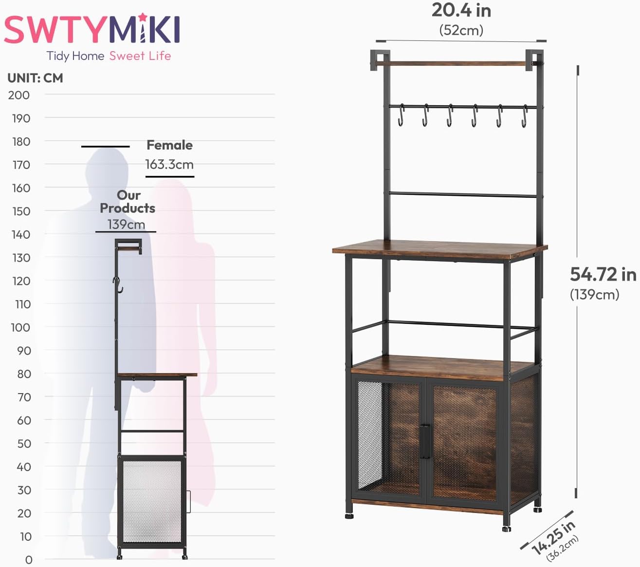 SWTYMIKI Coffee Bar Station for Space - Limited Home Coffee Lovers Espresso | Unique Double Mesh Enclosed Cabinet Doors + 6 Mug Hooks Multi-Purpose Microwave Stand, Buffet Cabinet Storage Rack