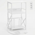 DALEMHOME Record Player Stand with Charging Station, 3-Tier Side Table for 100 Vinyl Storage, End Table for Living Room, Bedroom, White HKET1001WT