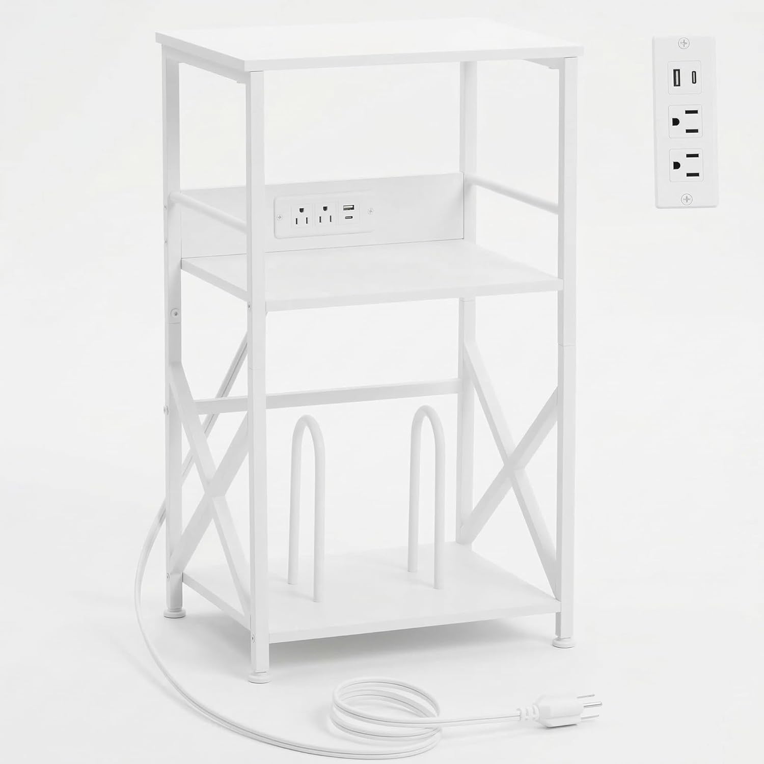 DALEMHOME Record Player Stand with Charging Station, 3-Tier Side Table for 100 Vinyl Storage, End Table for Living Room, Bedroom, White HKET1001WT