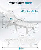 Ciokea Lounge Chair Outdoor Set of 4, Oversized Chaise Lounge Chair with 5 Positions, HDPE, Patio Lounge Chairs with Wheels & Cup Holder for Lawn, Pool, Deck, Poolside, White