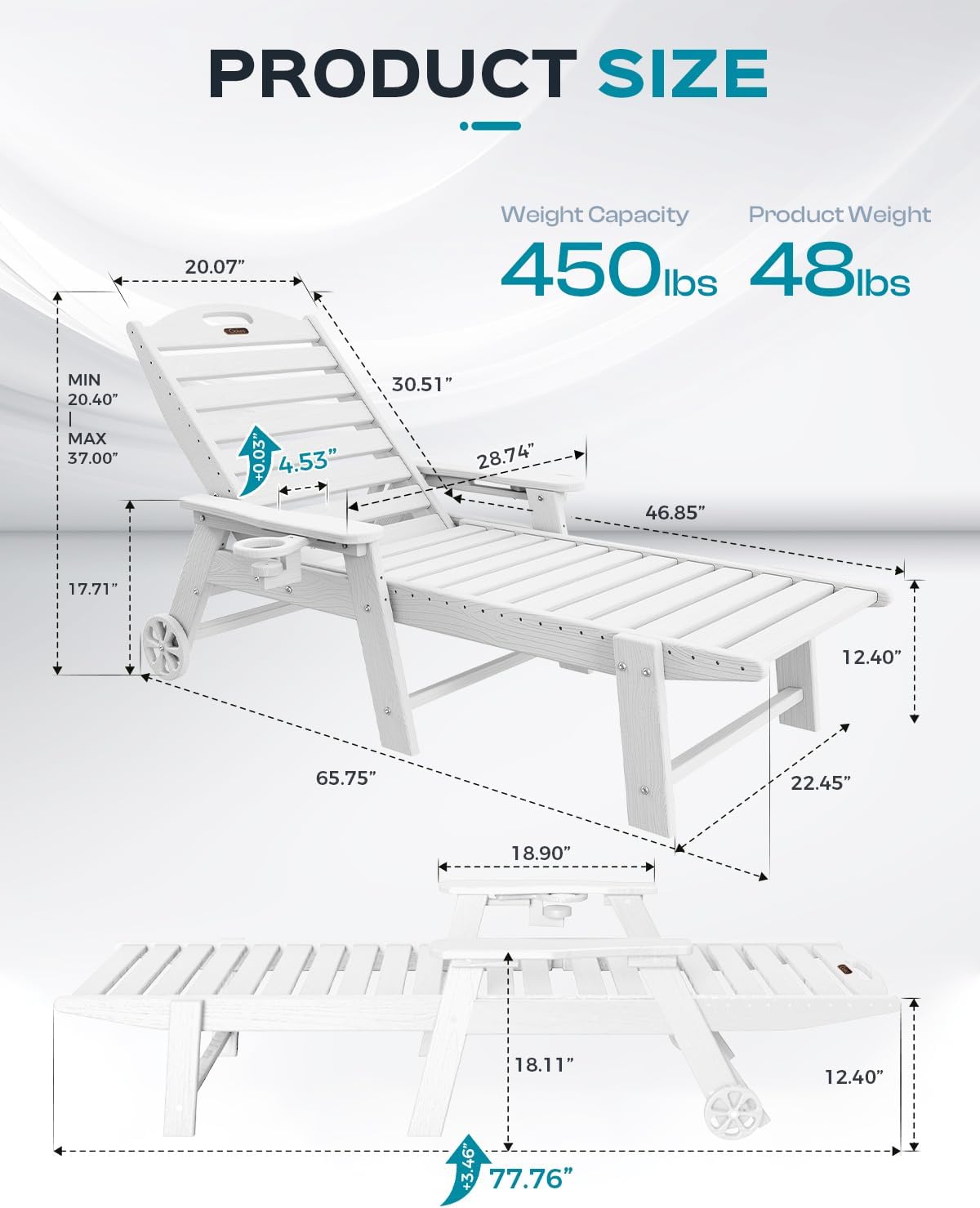 Ciokea Lounge Chair Outdoor Set of 4, Oversized Chaise Lounge Chair with 5 Positions, HDPE, Patio Lounge Chairs with Wheels & Cup Holder for Lawn, Pool, Deck, Poolside, White