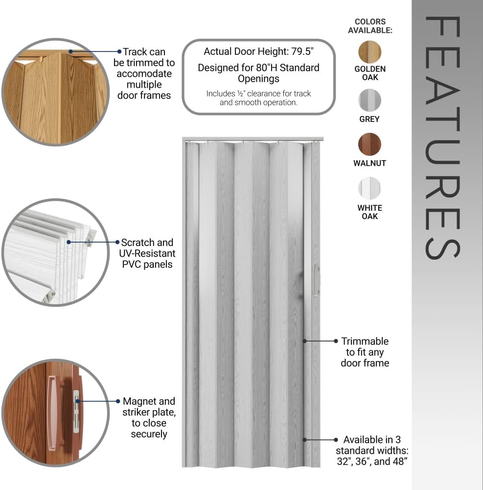 48 x 80 Inch Accordion Door - PVC Foldable Interior Folding Closet Door with Trimmable Height, Track Hardware Kit, Magnetic Closure for Bedroom Room Divider, White Oak