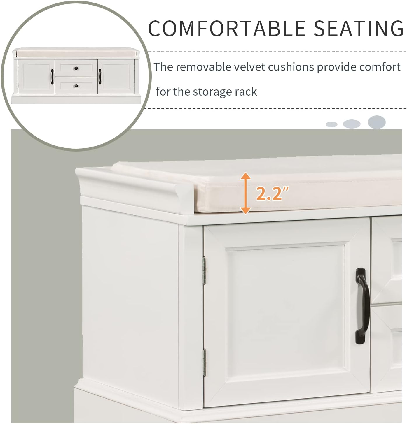 GDFStudio Jasd 42.50" Storage Bench with 2 Drawers and 2 Cabinets, Shoe Bench with Removable Cushion, Solid Wood Frame Storage Ottoman, Rectangular Cabinet Shoe Seat for Living Room Entryway, White