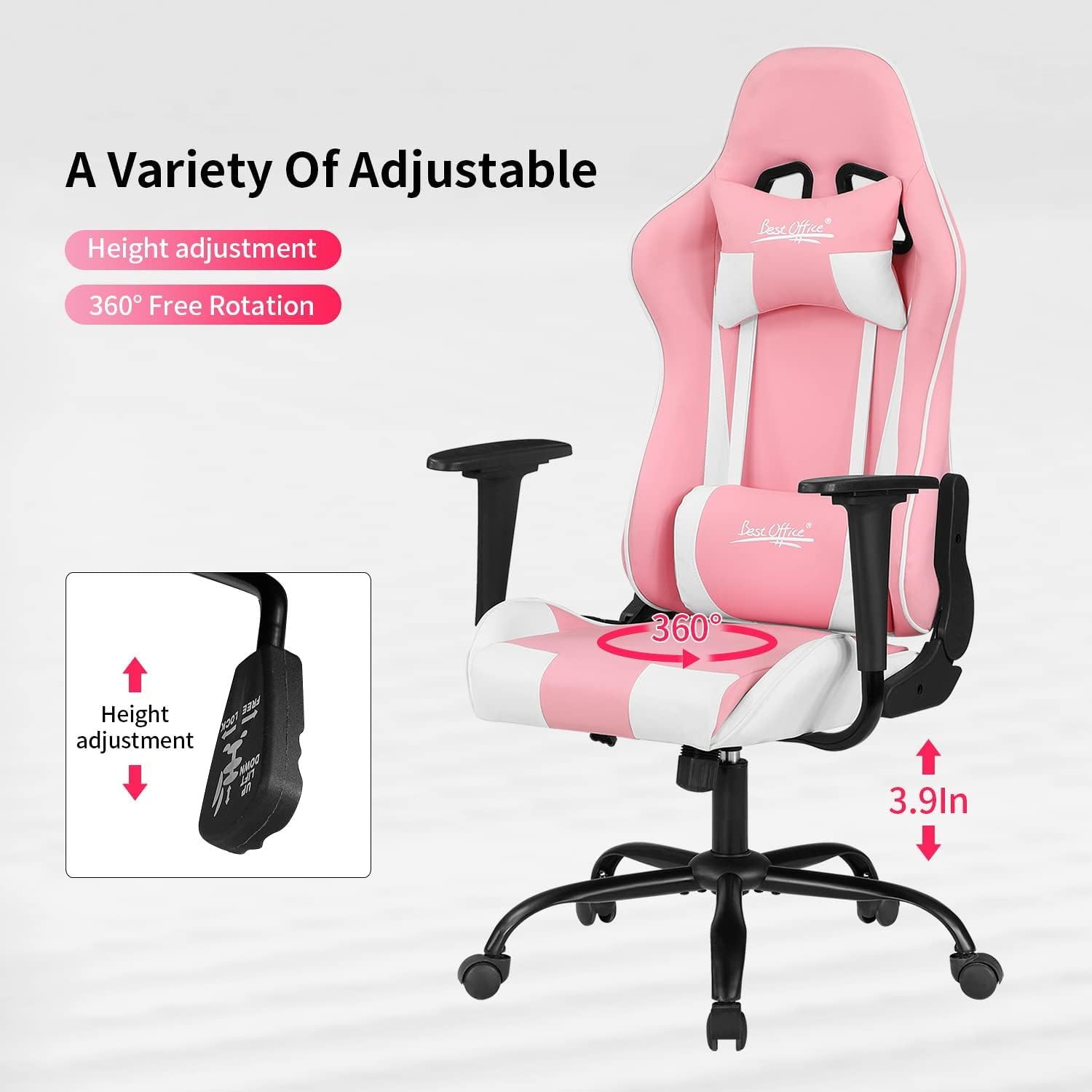 Gaming Chair, Video Game Chair, Cheap Computer Gaming Chair PU Leather High Back PC Gaming Chair Ergonomic Racing Swivel Office Desk Chair with Headrest and Lumbar Support for Adults Kids Pink