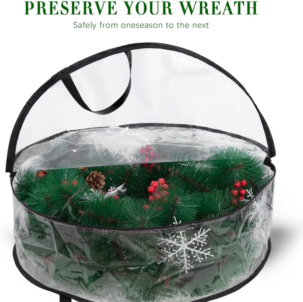 2-Pack Christmas Wreath Storage Container 24'', Clear Wreath Storage Bags with Dual Zippers for Xmas Seasonal Thanksgiving Holiday Artificial Wreath Storage