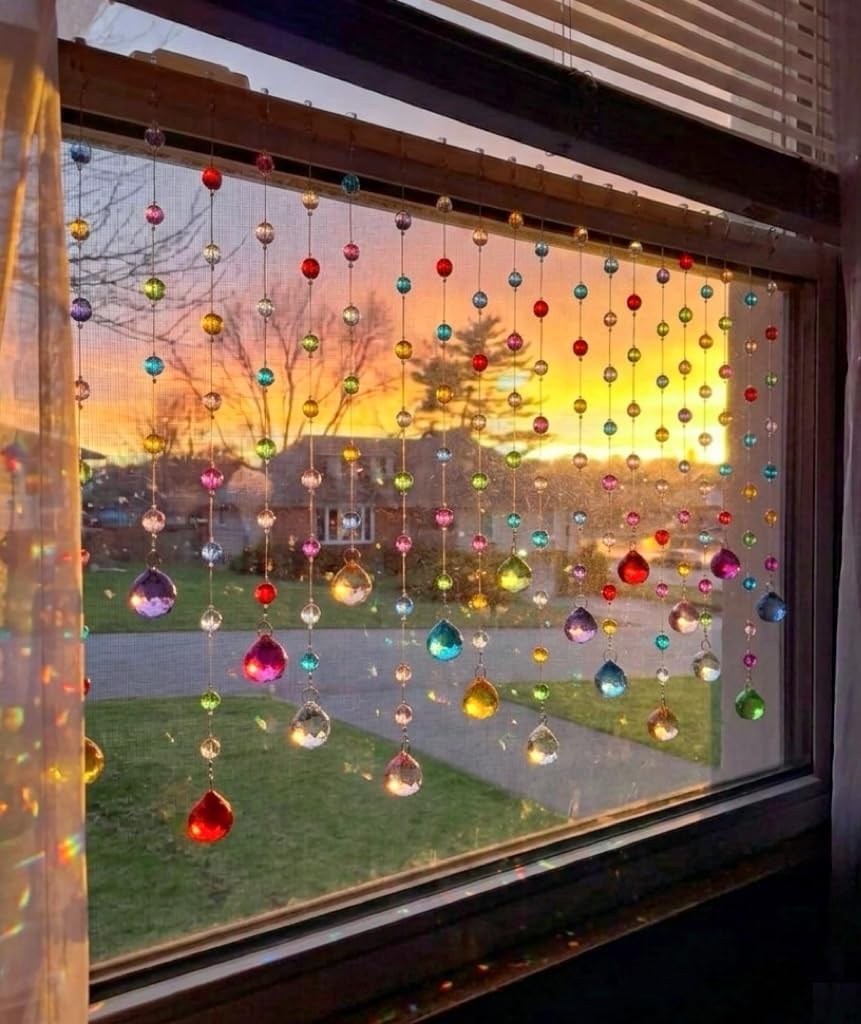 Crystal Beaded Curtain, 20 Strands Acrylic Multicolor String Beads for Doorways and Windows, String Room Divider (Classic Rainbow)