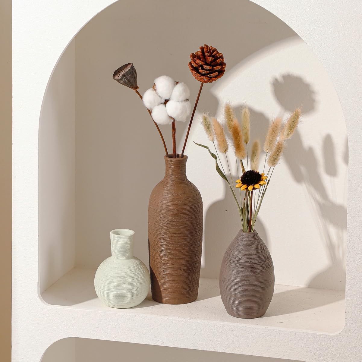 Ceramic Vases Set of 3 Home Decor Modern Rustic Farmhouse Pottery Decorative Flower Vases for Pampas Grass Dried Fresh Flowers, Living Room, Table Centerpiece, Shelf, Mantel (Multicolor Brown)