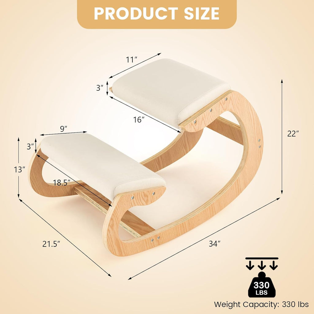 Ergonomic Kneeling Chair, Wooden Posture Chair W/Extra Padding for Back Neck Pain Relief & Improving Posture, Rocking Meditation Stool W/Knee Support for Home Office (Beige)