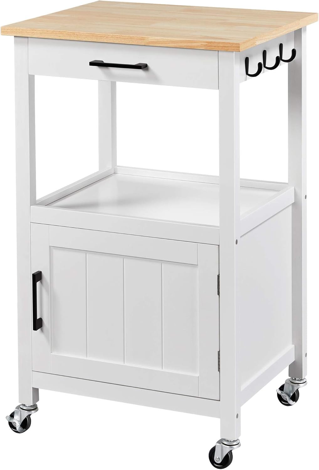 Yaheetech Kitchen Island Cart with Storage, Rolling Kitchen Island on Wheels with 6 Side Hooks, Wood Top Microwave Cart with Drawer for Dining Room, White