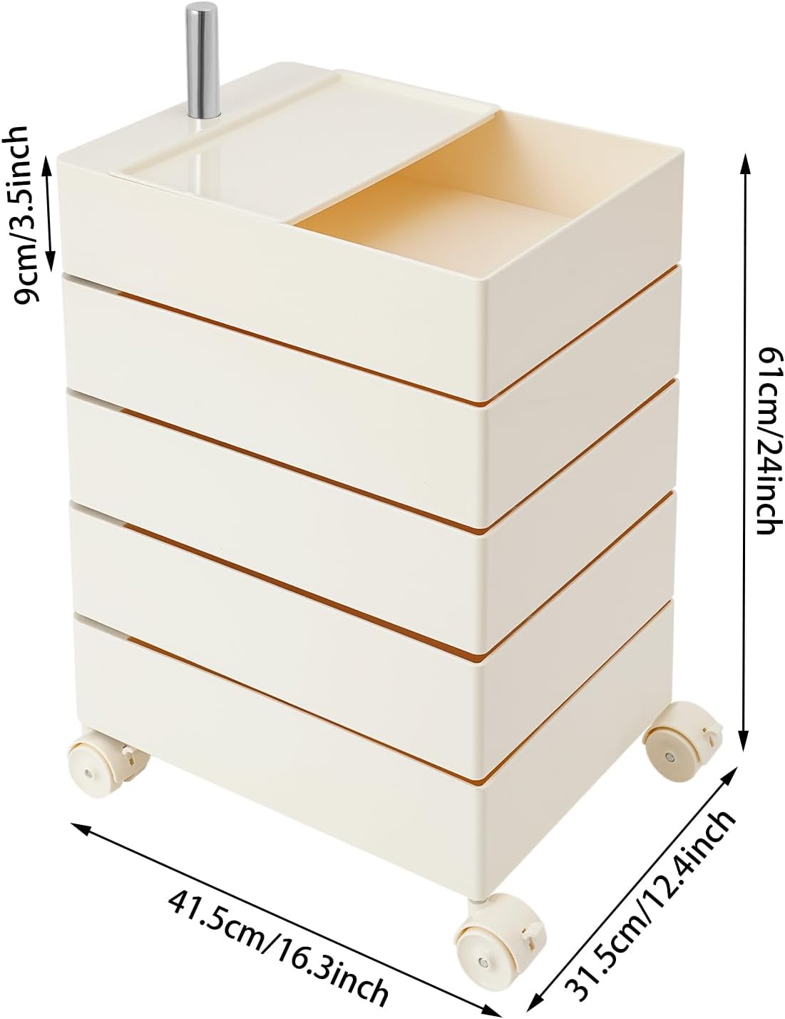 360° Rotating Side Table with 5 Drawers, Movable Storage End Table Sofa Side Cabinet with 4 Universal Casters With Brakes, Rotating Storage Rack 16.3*12.4*24in for Living Room, Bedroom, Office (White)