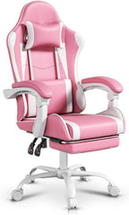 Auto Dynasty Ergonomic Gaming Chair, High-Back Office Chair w/Adjustable Lumbar Support, Linkage Armrest, Headrest & Footrest, 350LBS Recliner Swivel Computer Game Racing Chair, Pink/White