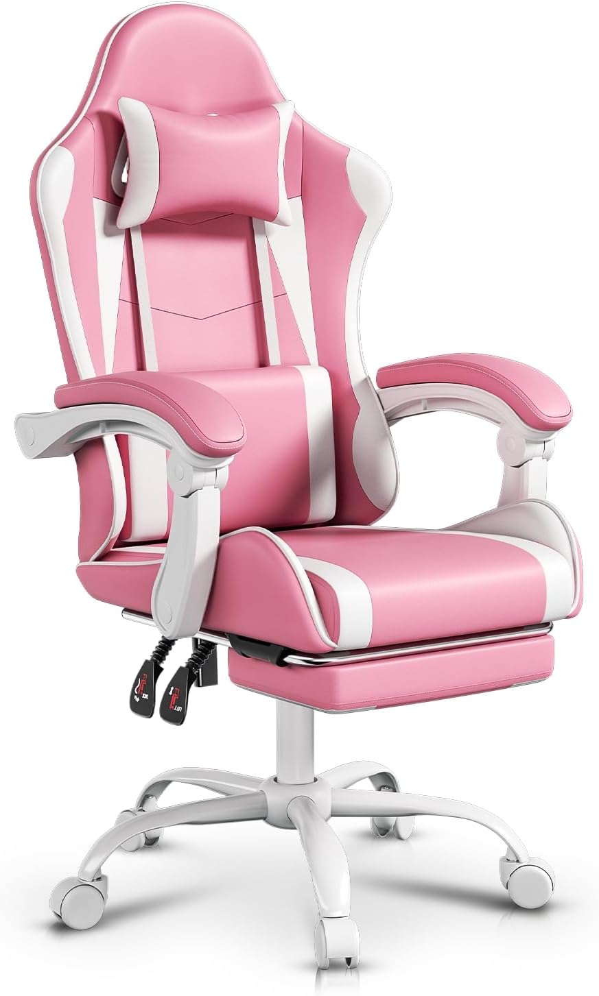 Auto Dynasty Ergonomic Gaming Chair, High-Back Office Chair w/Adjustable Lumbar Support, Linkage Armrest, Headrest & Footrest, 350LBS Recliner Swivel Computer Game Racing Chair, Pink/White