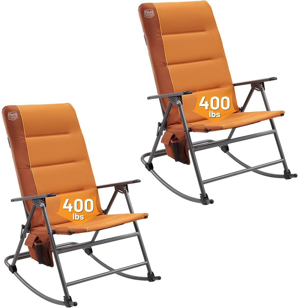 Timber Ridge Oversized Folding Rocking Camping Chair, Padded Outdoor Rocker with High Back, Portable Outdoor Chair for Patio, Garden, Lawn, Supports up to 400 lbs, Orange(2 Pack)