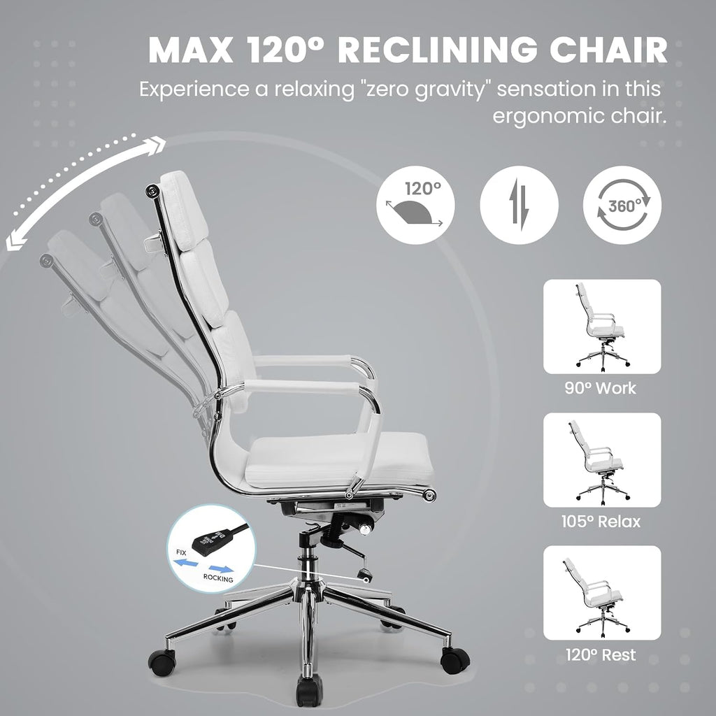 GTPOFFICE Modern White High Back Ergonomic Office Chair with Lumbar Support, Adjustable Height, Bonded Leather, Wheels