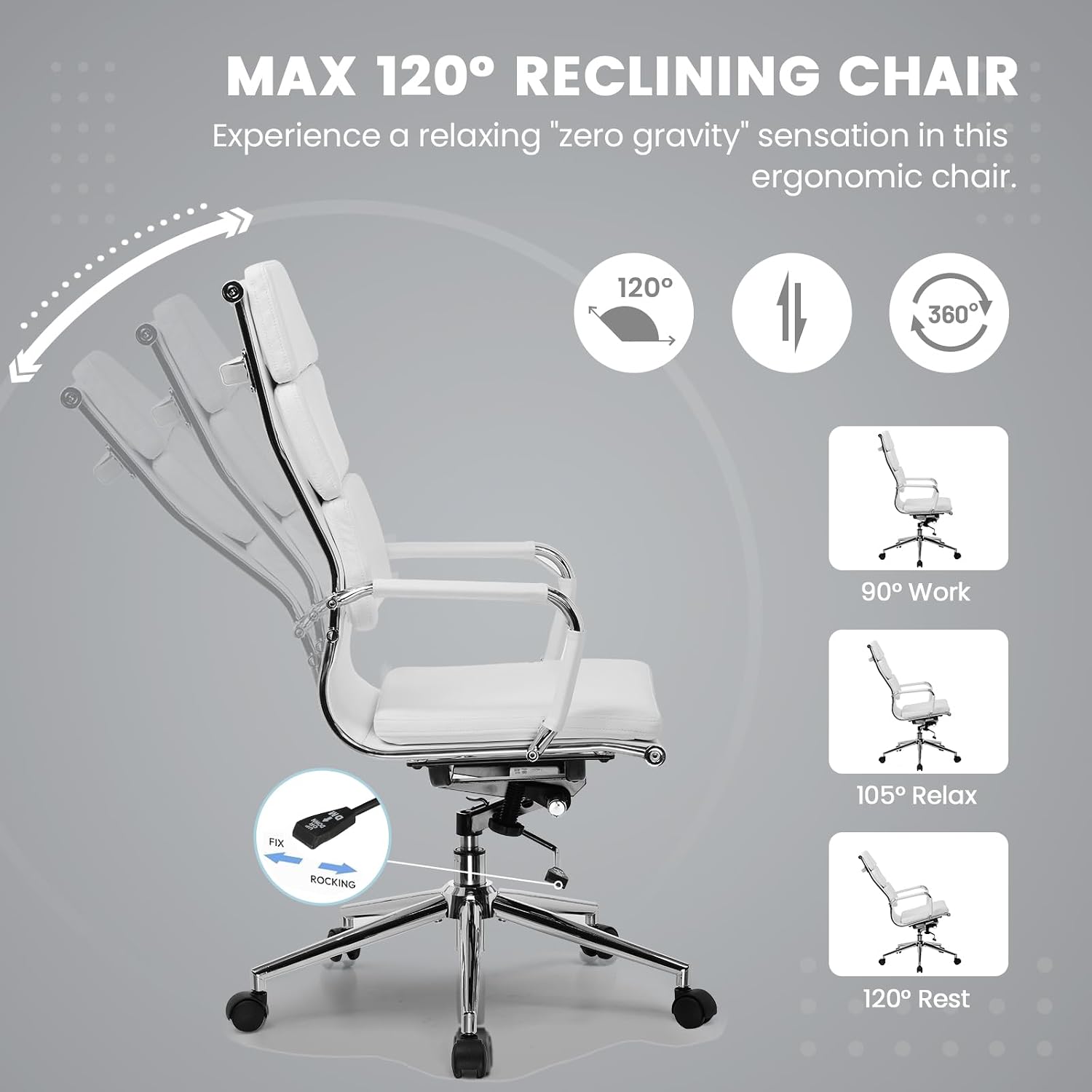 GTPOFFICE Modern White High Back Ergonomic Office Chair with Lumbar Support, Adjustable Height, Bonded Leather, Wheels