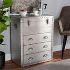 BOWERY HILL 3-Drawer Mid-Century Metal Accent Storage Chest, Silver Finish, Wood and Metal Construction, Vintage-Inspired Rivet Details, Lift-Top Compartment, Bedroom, Living Room, or Entryway Use