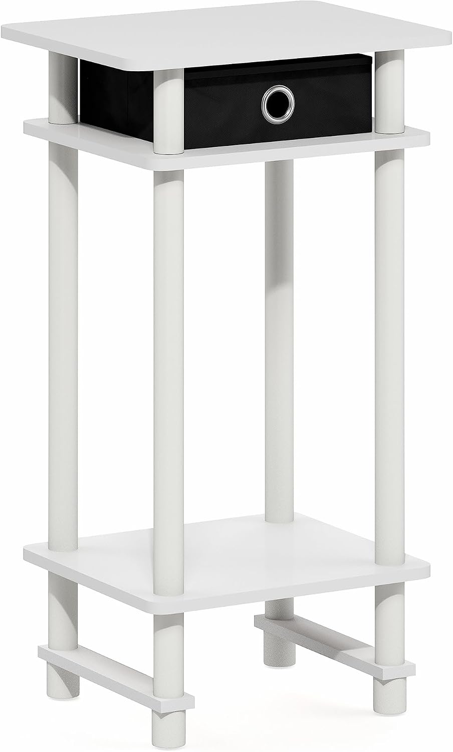 Furinno Turn-N-Tube Side Table, 3-Tier Tall Narrow Modern End Table with Storage Bin, Open Shelf Night Stand, Bedside Table, Toolless Assembly, for Living Room, Bedroom, White