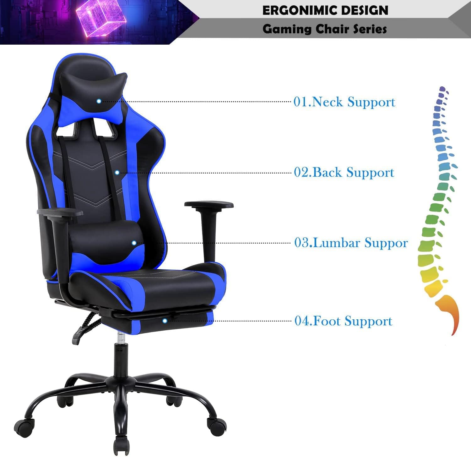 PC Computer Lumbar Support Headrest,High Back Racing Office Video Gaming Rolling Swivel Task Chair for Kids or Adults,Blue