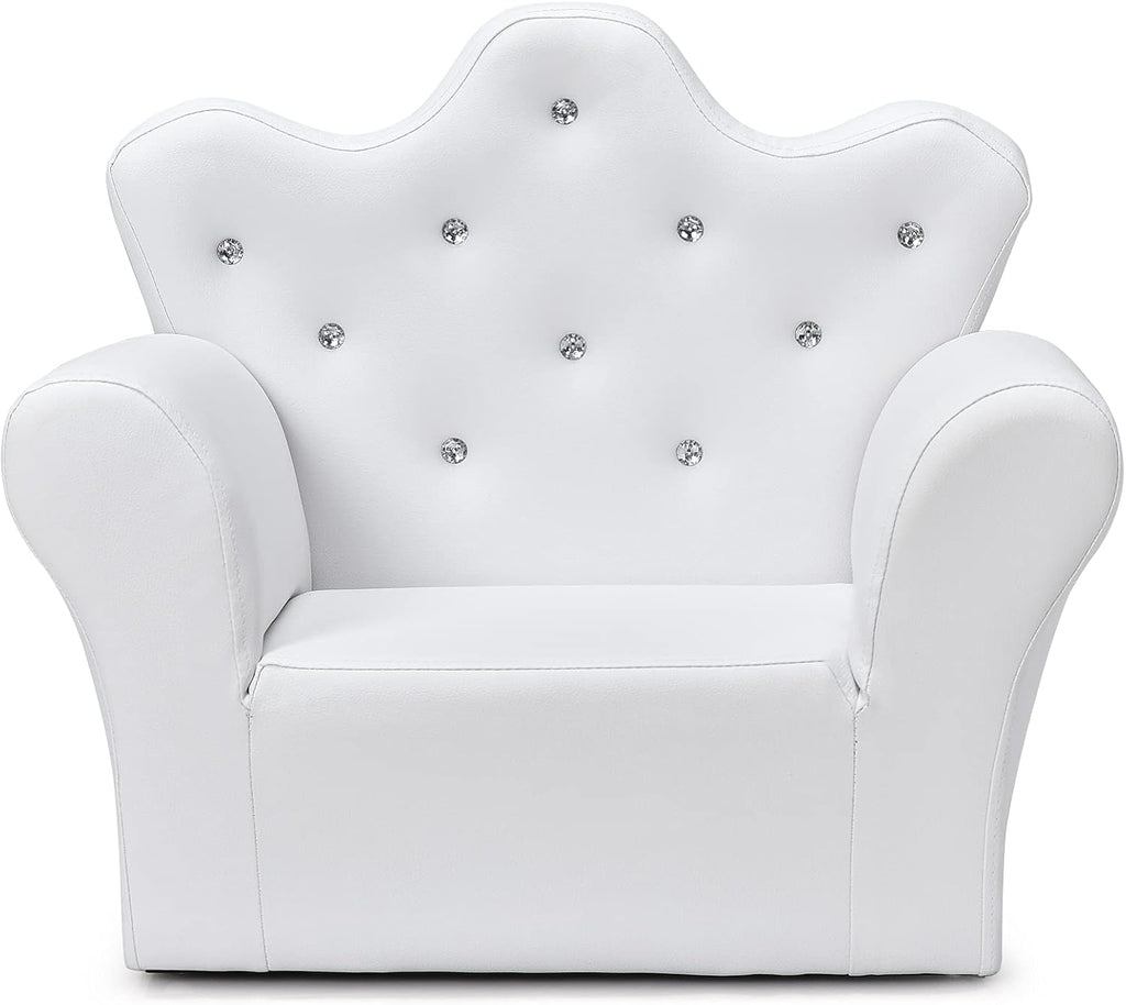 DREAMADE Kids Sofa with Ottoman, Crown-Like Kids Couch w/Comfy Armrests, Sturdy Wood Structure, PVC Leather Surface & Crystal Decoration, Toddler Chair with Footstool, Ideal for Princess 3-5 (White)