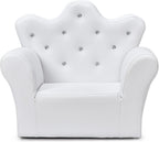 DREAMADE Kids Sofa with Ottoman, Crown-Like Kids Couch w/Comfy Armrests, Sturdy Wood Structure, PVC Leather Surface & Crystal Decoration, Toddler Chair with Footstool, Ideal for Princess 3-5 (White)