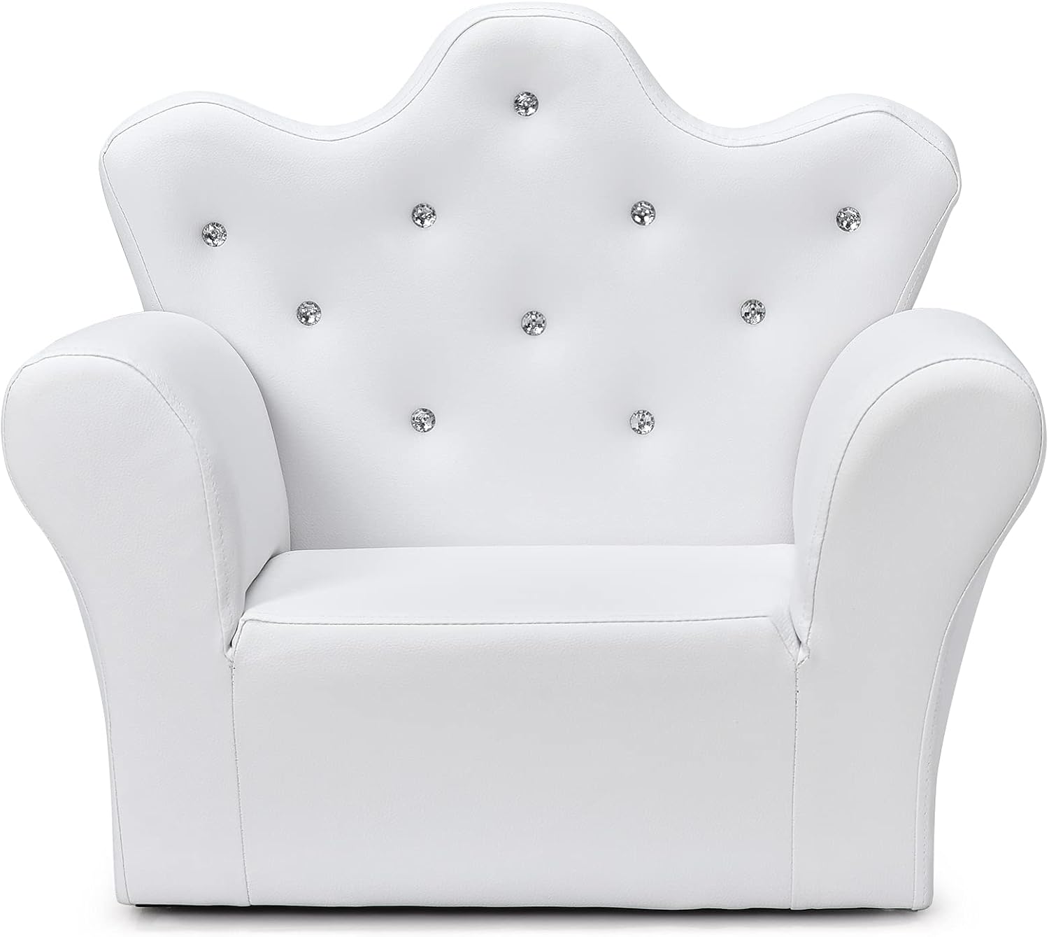 DREAMADE Kids Sofa with Ottoman, Crown-Like Kids Couch w/Comfy Armrests, Sturdy Wood Structure, PVC Leather Surface & Crystal Decoration, Toddler Chair with Footstool, Ideal for Princess 3-5 (White)