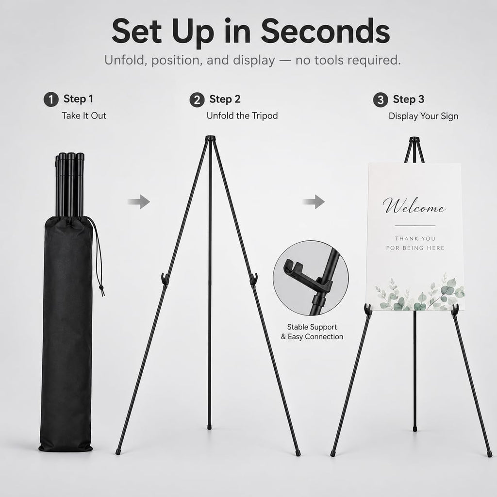 RRFTOK Easel Stand for Sign,63'' Instant Lightweight Portable Ground Easel for Wedding Sign and Poster Display Stand, Metal Tripod with Portable Bag,1-Pack.