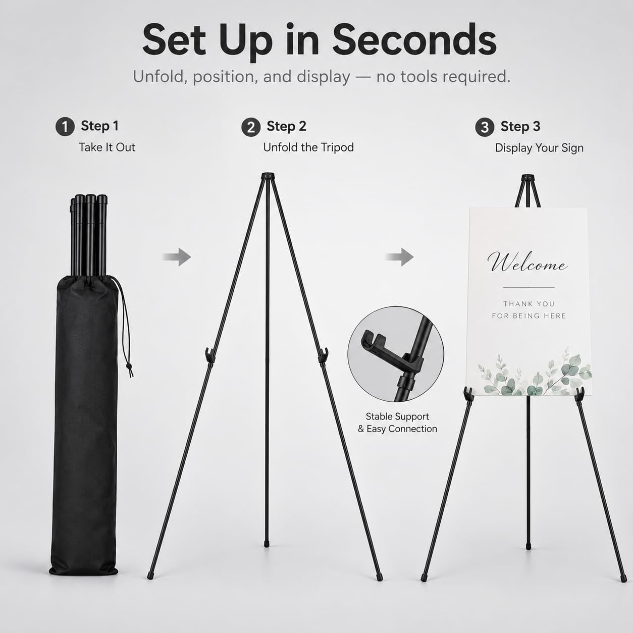 RRFTOK Easel Stand for Sign,63'' Instant Lightweight Portable Ground Easel for Wedding Sign and Poster Display Stand, Metal Tripod with Portable Bag,1-Pack.