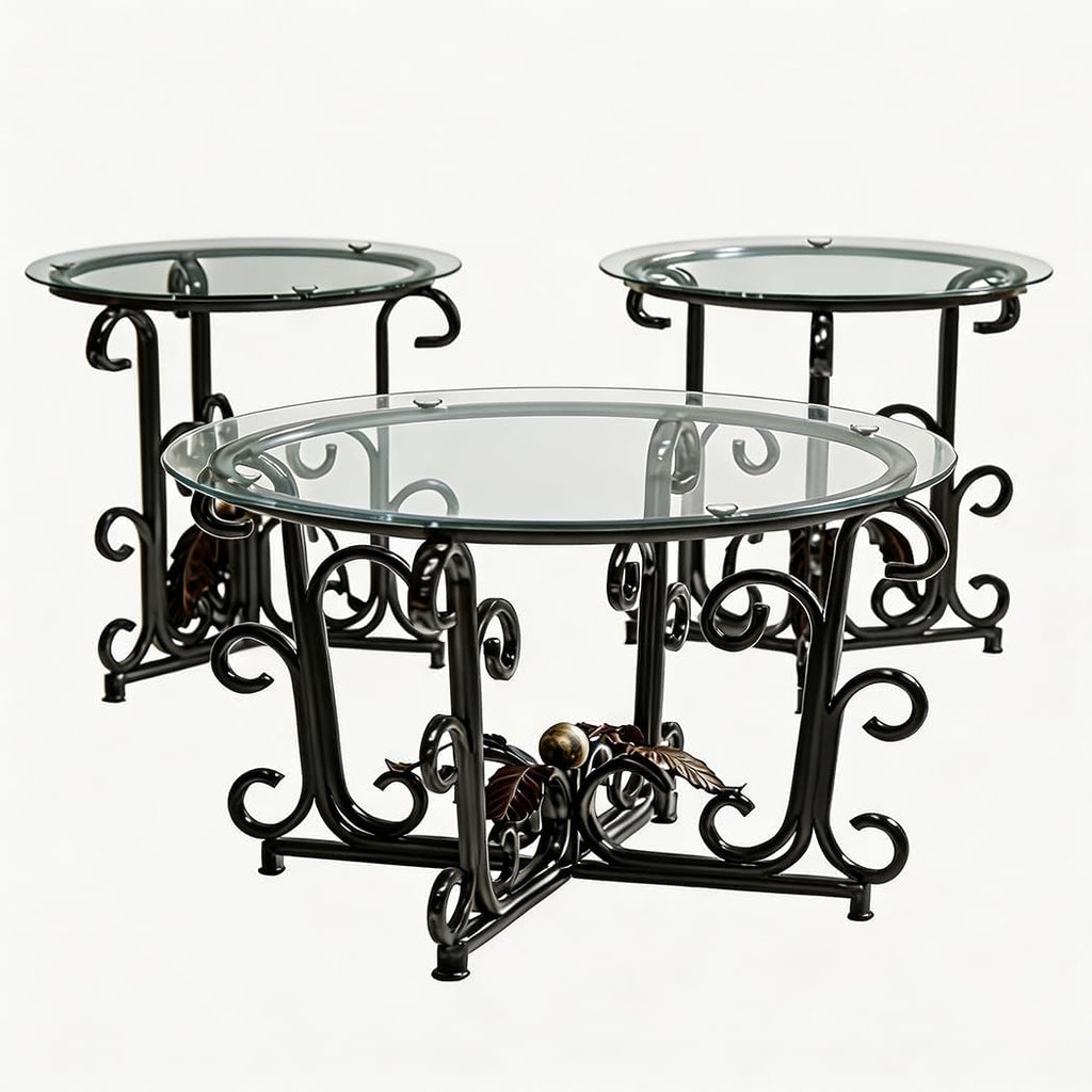 EQEY Glass Coffee Table Set of 3 — 31.5" Round Nesting Coffee Table with 2 End Tables, Tempered Glass Top & Wrought Iron Scroll Frame for Living Room, Apartment, Patio, Sunroom