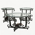 EQEY Glass Coffee Table Set of 3 — 31.5" Round Nesting Coffee Table with 2 End Tables, Tempered Glass Top & Wrought Iron Scroll Frame for Living Room, Apartment, Patio, Sunroom