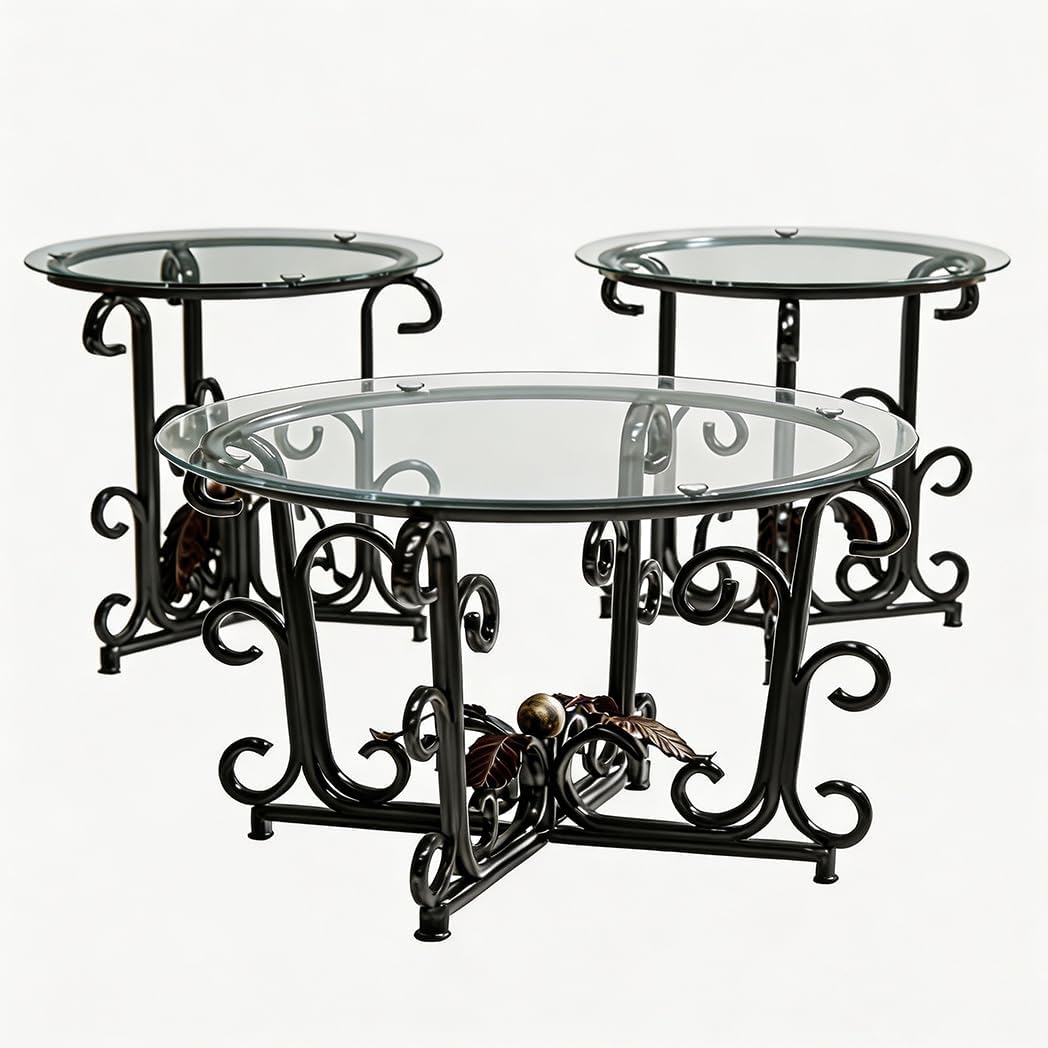 EQEY Glass Coffee Table Set of 3 — 31.5" Round Nesting Coffee Table with 2 End Tables, Tempered Glass Top & Wrought Iron Scroll Frame for Living Room, Apartment, Patio, Sunroom