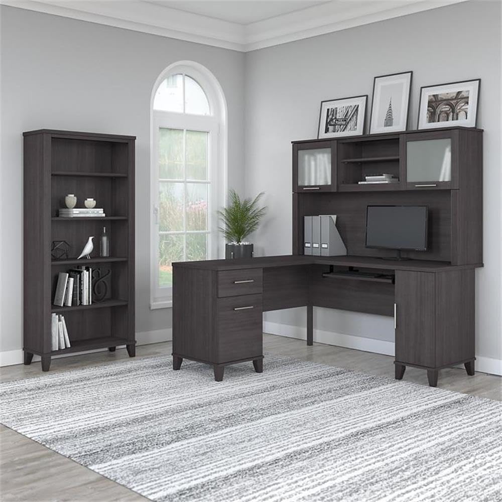 Bush Home Somerset 60W L Shaped Desk with Hutch and 5 Shelf Bookcase in Storm Gray