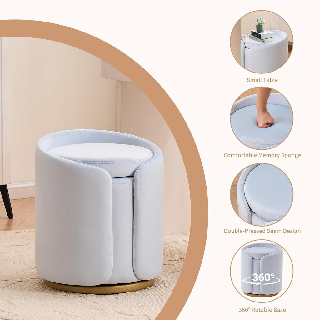 Vanity Chair with Storage, Round Velvet Vanity Stool No Wheels, Swivel Ottoman Chair with Upholstered for Women, Makeup Chair Accent Stool with Back for Bedroom & Dorm, Gold Base, Light Blue