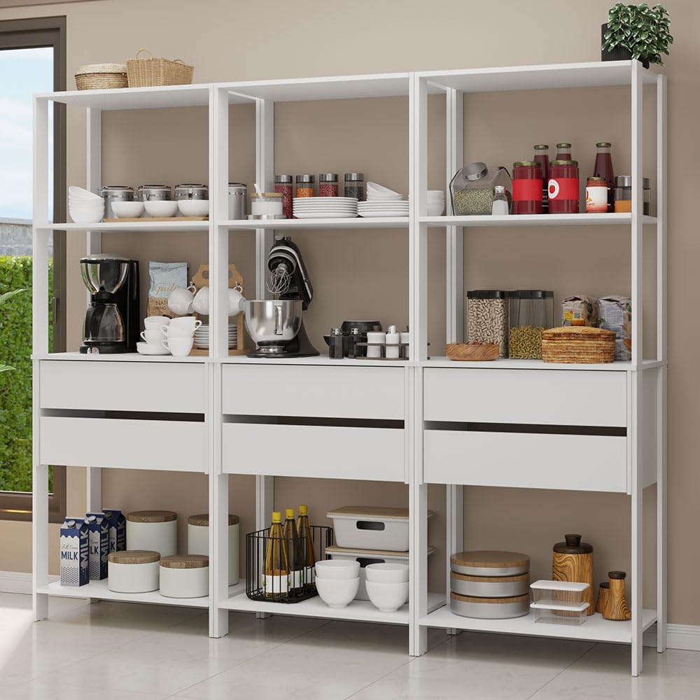 Madesa Kitchen Pantry Storage Rack with 6 Drawers and Open Shelves 82" L Multiuse Modular Cabinet for Kitchen Organization (White)